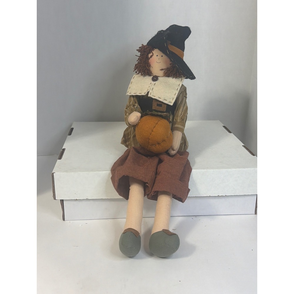 Pilgrim Boy Shelf Sitter Thanksgiving Decor Cloth Doll with Pumpkin 14 Inch